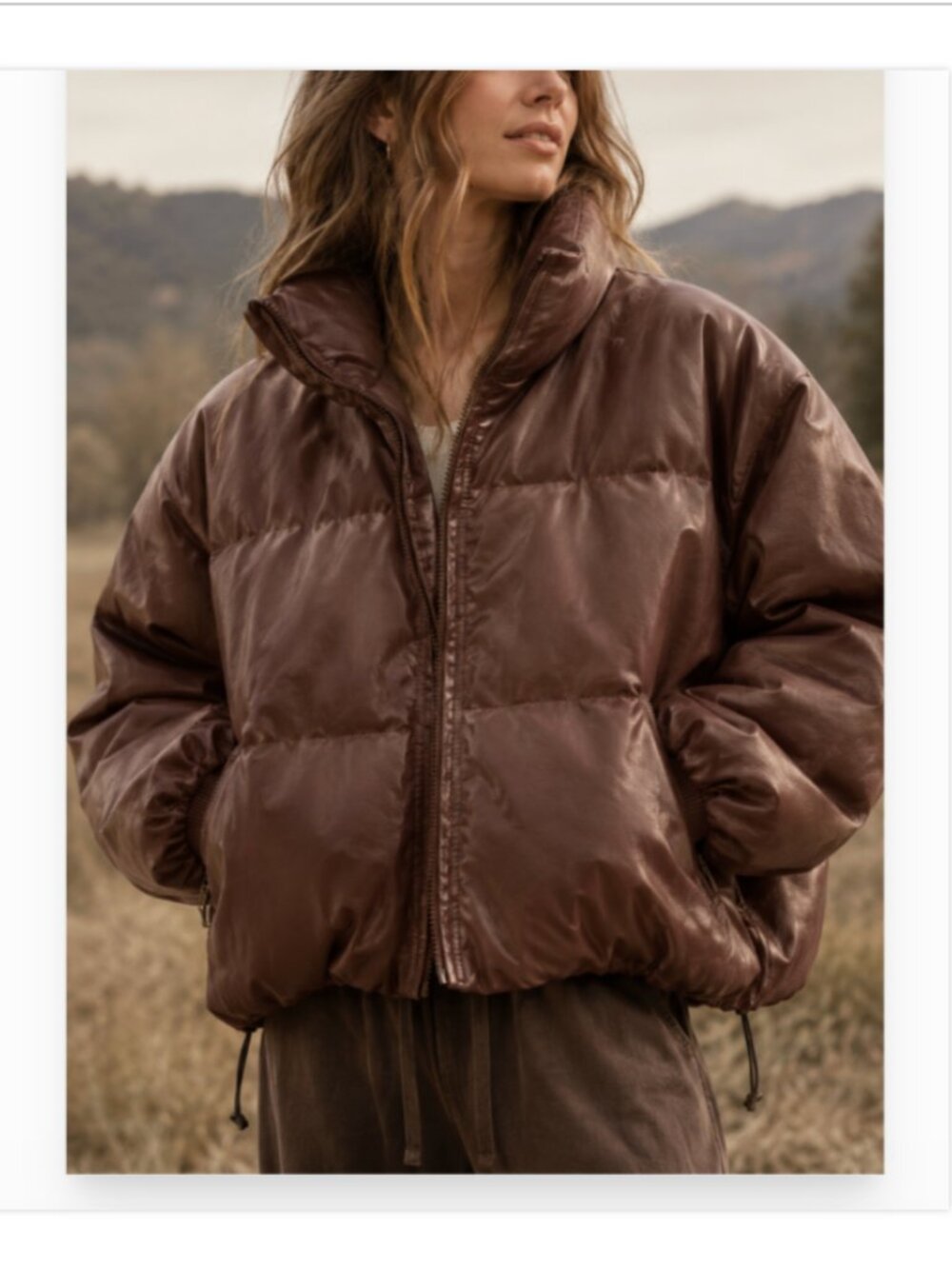 SET Active Quilted Faux Leather Look Puffer Jacket Coco Brown Size S Oversized